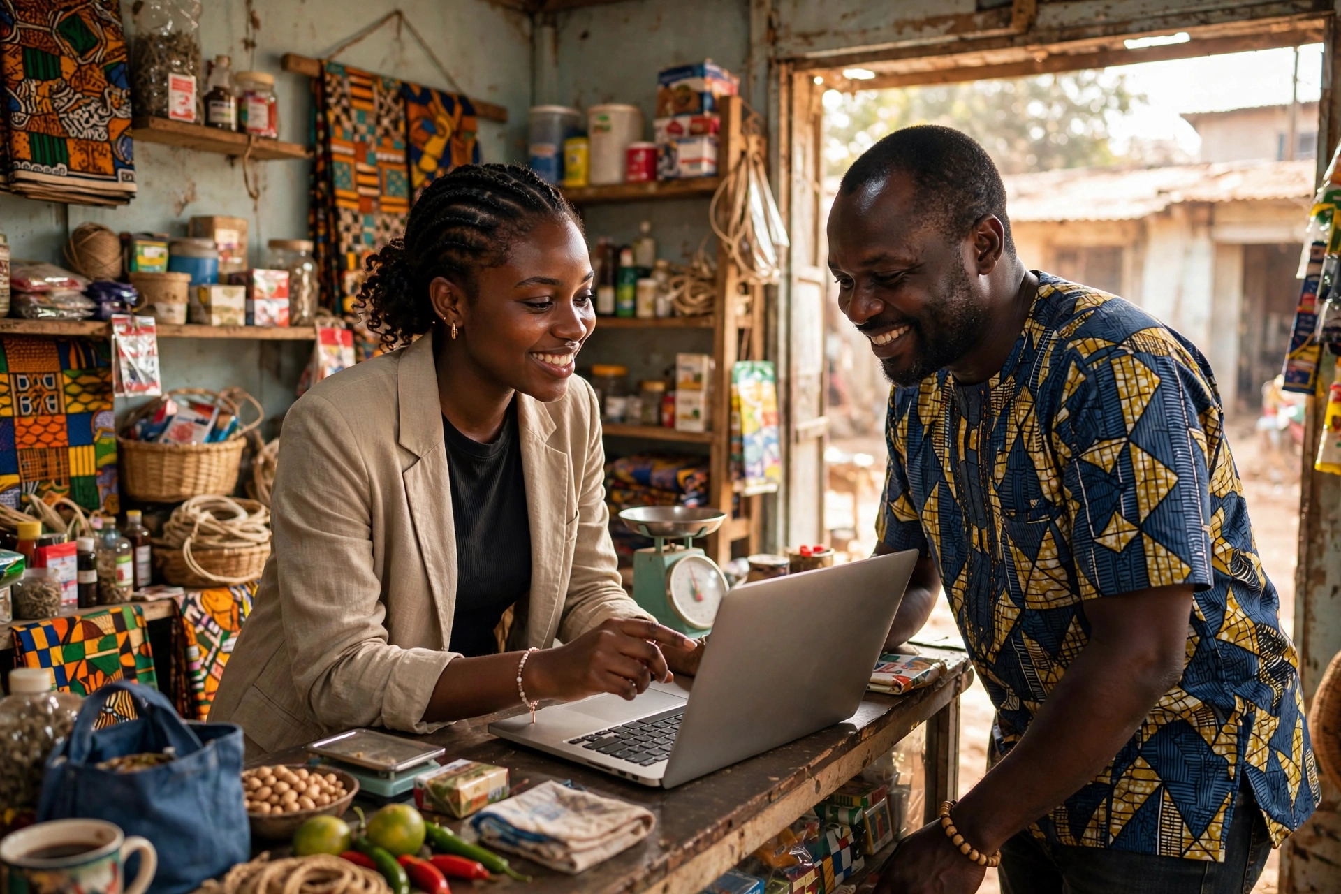 Une freelance camerounaise présente un projet web à un commerçant dans sa boutique à Yaoundé