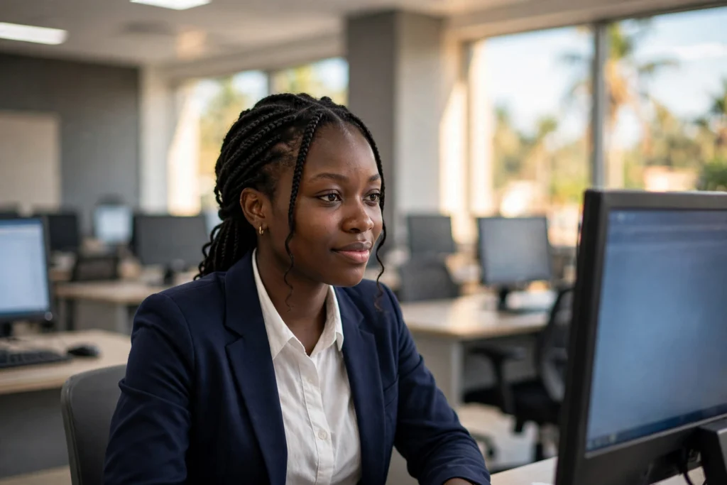 Candidate camerounaise concentrée devant son écran dans une salle d'examen informatique