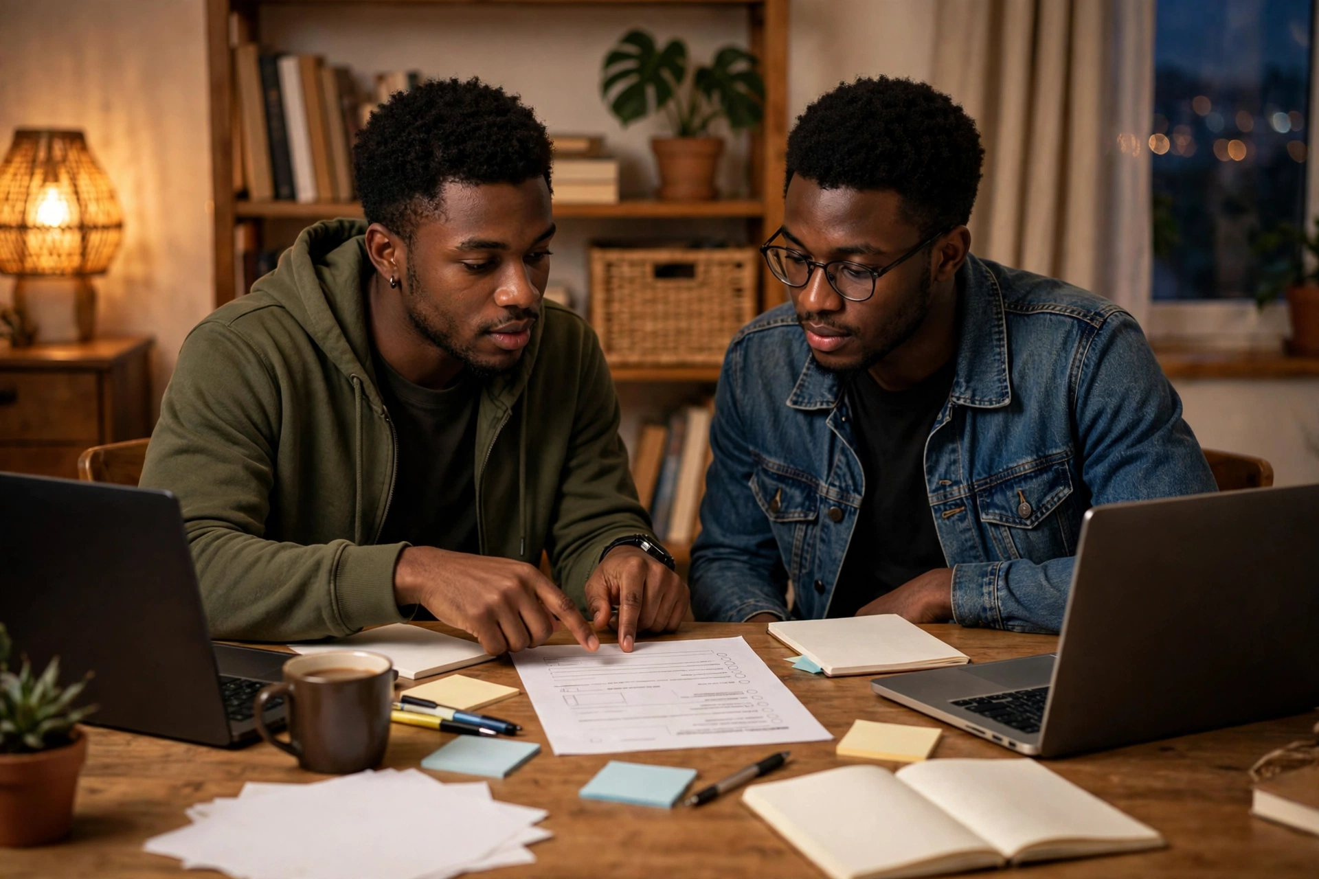 Deux apprenants camerounais révisant ensemble leurs fiches de préparation avant un examen de certification