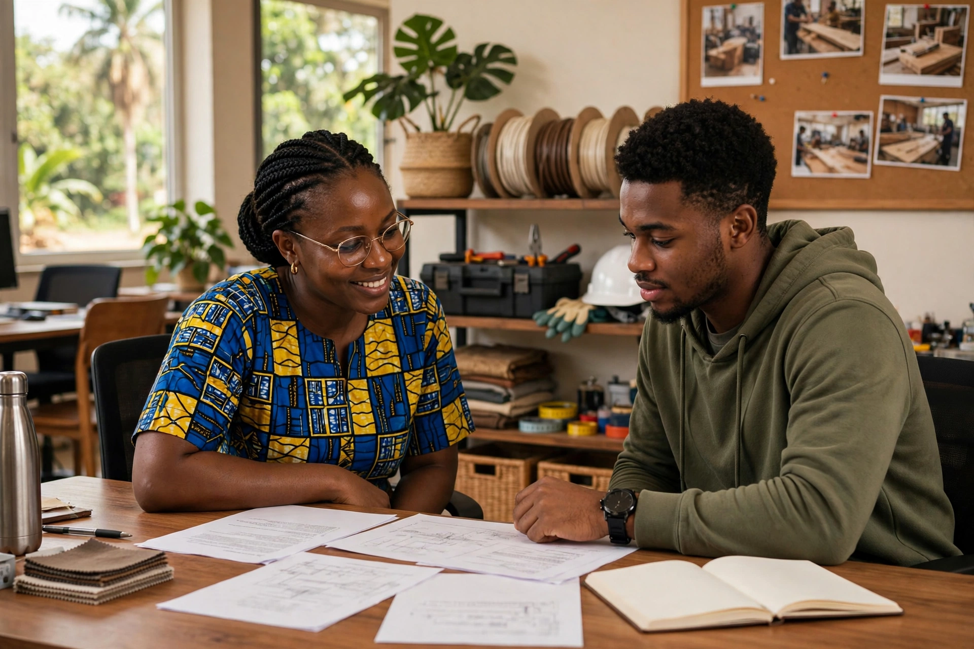 Conseiller en formation discutant des options de financement avec un apprenant au Cameroun