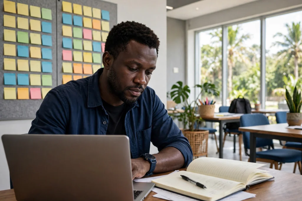 Professionnel camerounais préparant une certification en gestion de projet en centre de formation