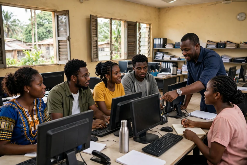 Apprenants en formation secrétariat bureautique en salle informatique au Cameroun