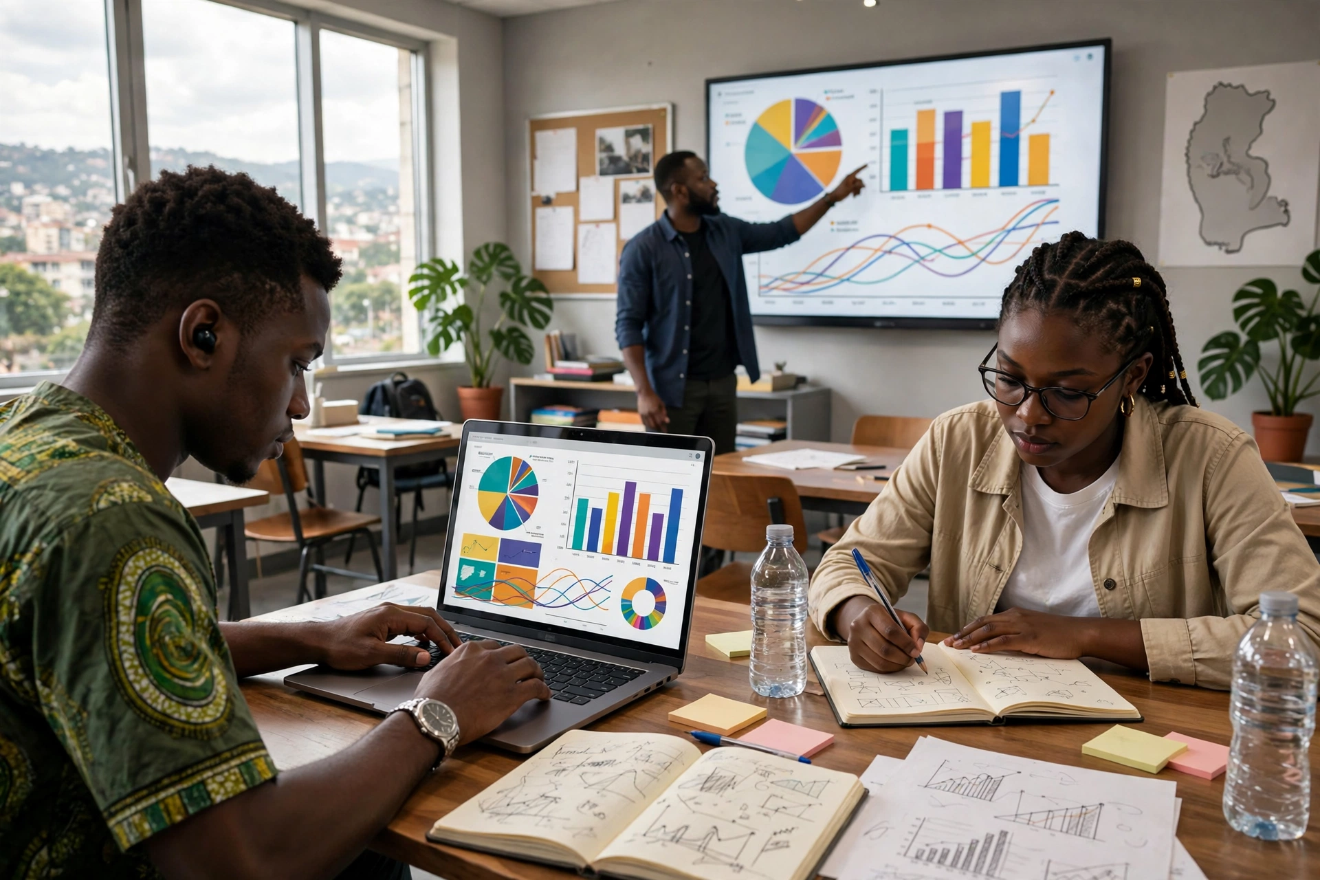 Analyste camerounais créant un tableau de bord de données sur ordinateur portable en formation