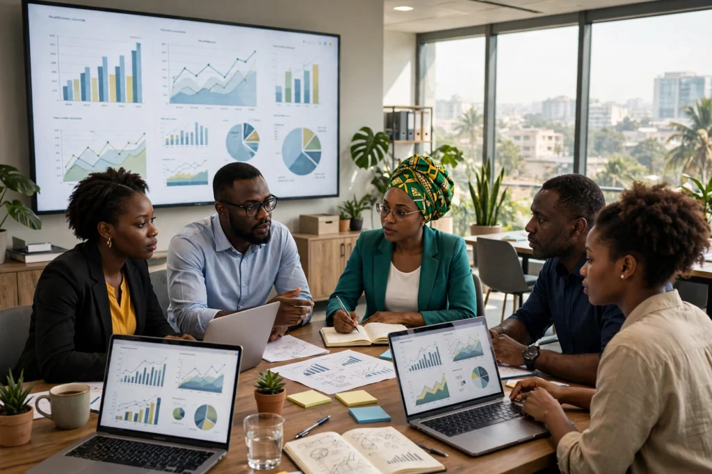 Équipe camerounaise analysant des tableaux de bord Power BI dans un bureau à Douala