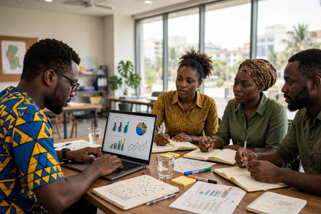Professionnels camerounais analysant des données en formation Python à Douala