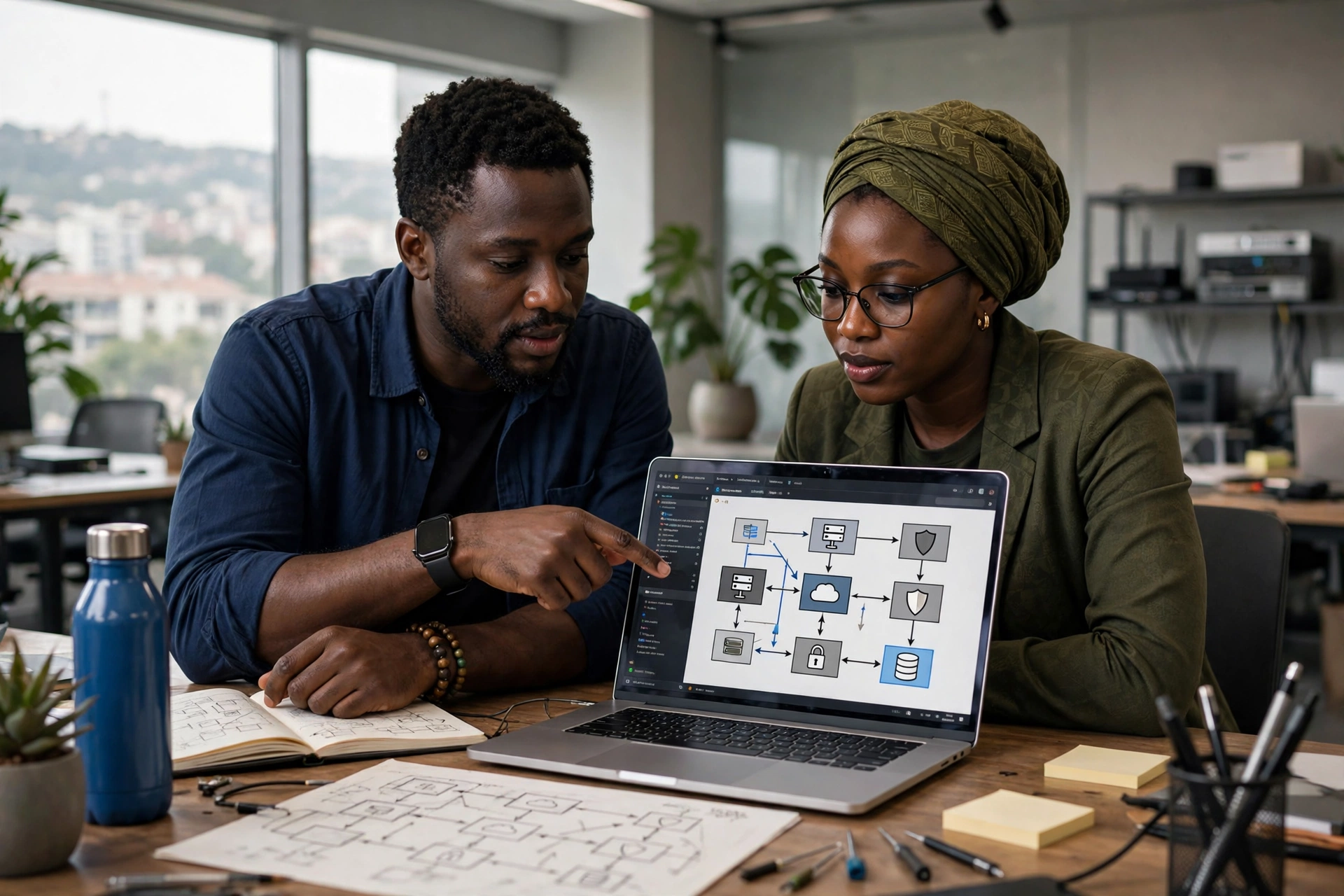 Deux professionnels camerounais en atelier pratique de développement web sécurisé