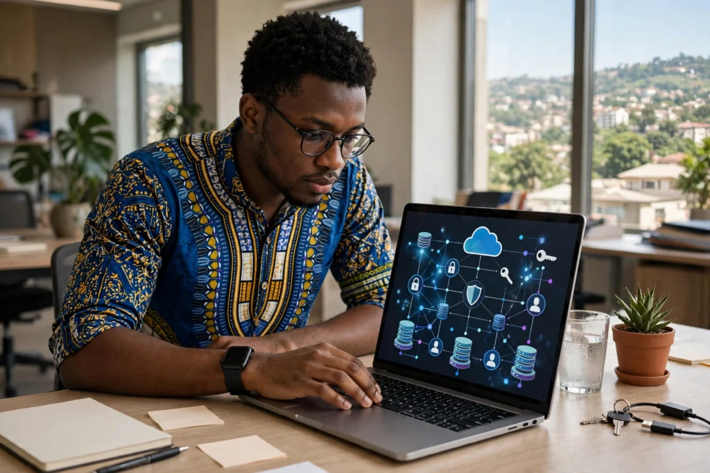 Ingénieur camerounais configurant l'identité et le chiffrement cloud sur son poste de travail à Yaoundé