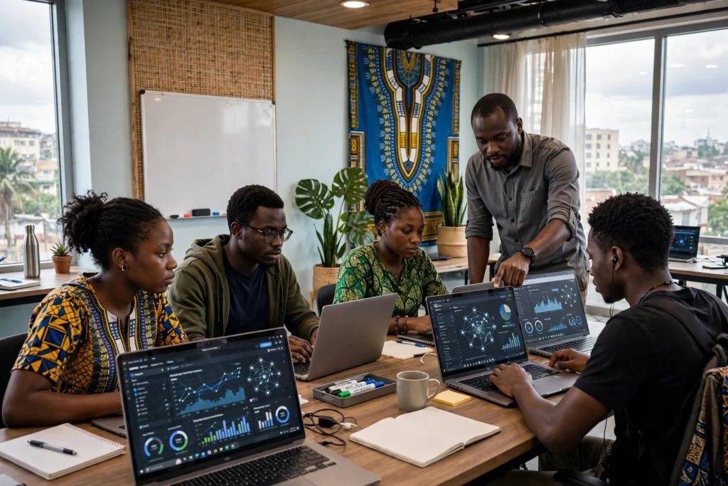 Étudiants camerounais en formation cybersécurité préparant la certification Security+ à Douala