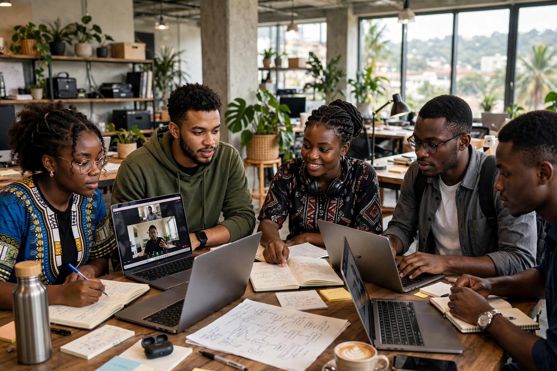 Jeunes professionnels camerounais en coworking à Yaoundé travaillant à distance avec des clients internationaux
