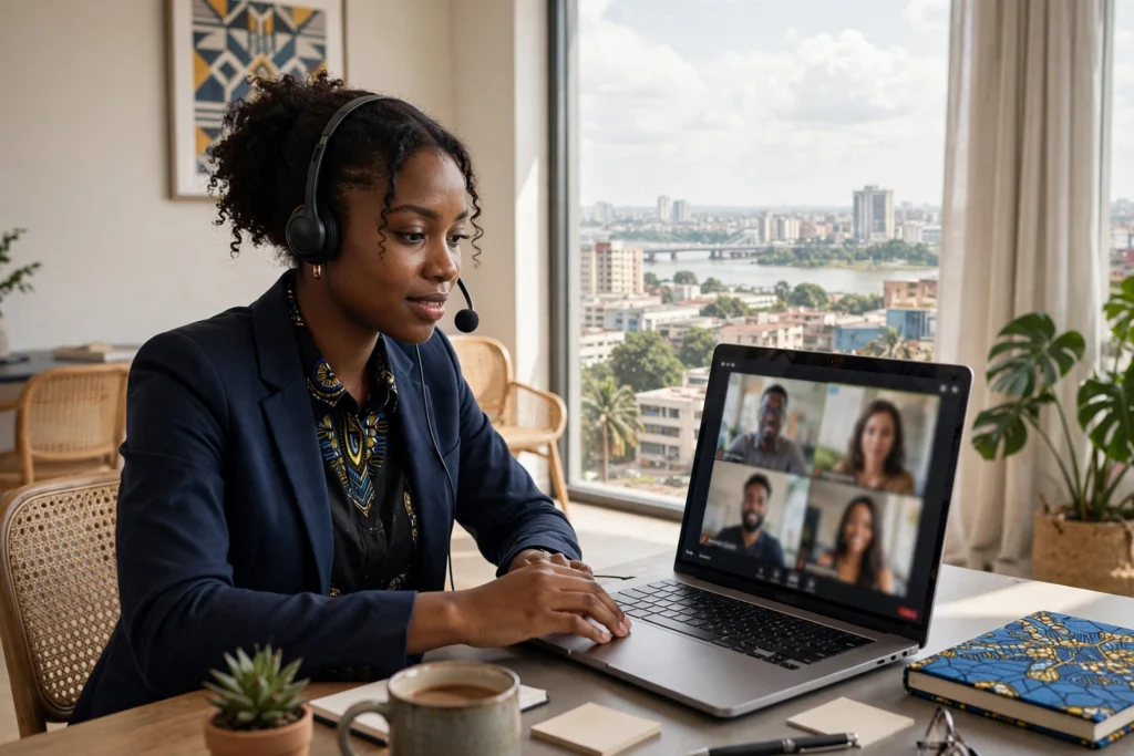 Professionnelle camerounaise en télétravail à Douala, en visioconférence avec une équipe internationale